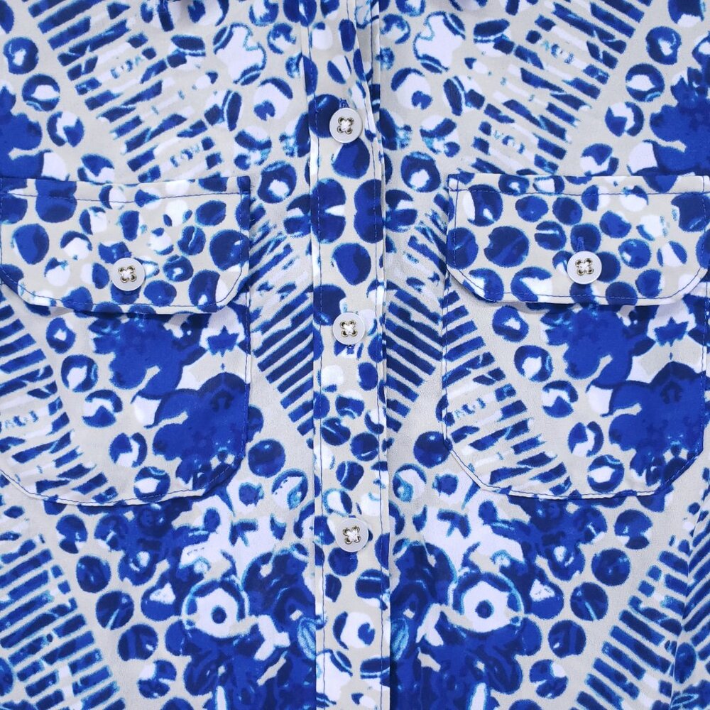 Cabi Blue & White Abstract Print Button Down Short Jewel Shirt Dress Size S - Picture 11 of 16